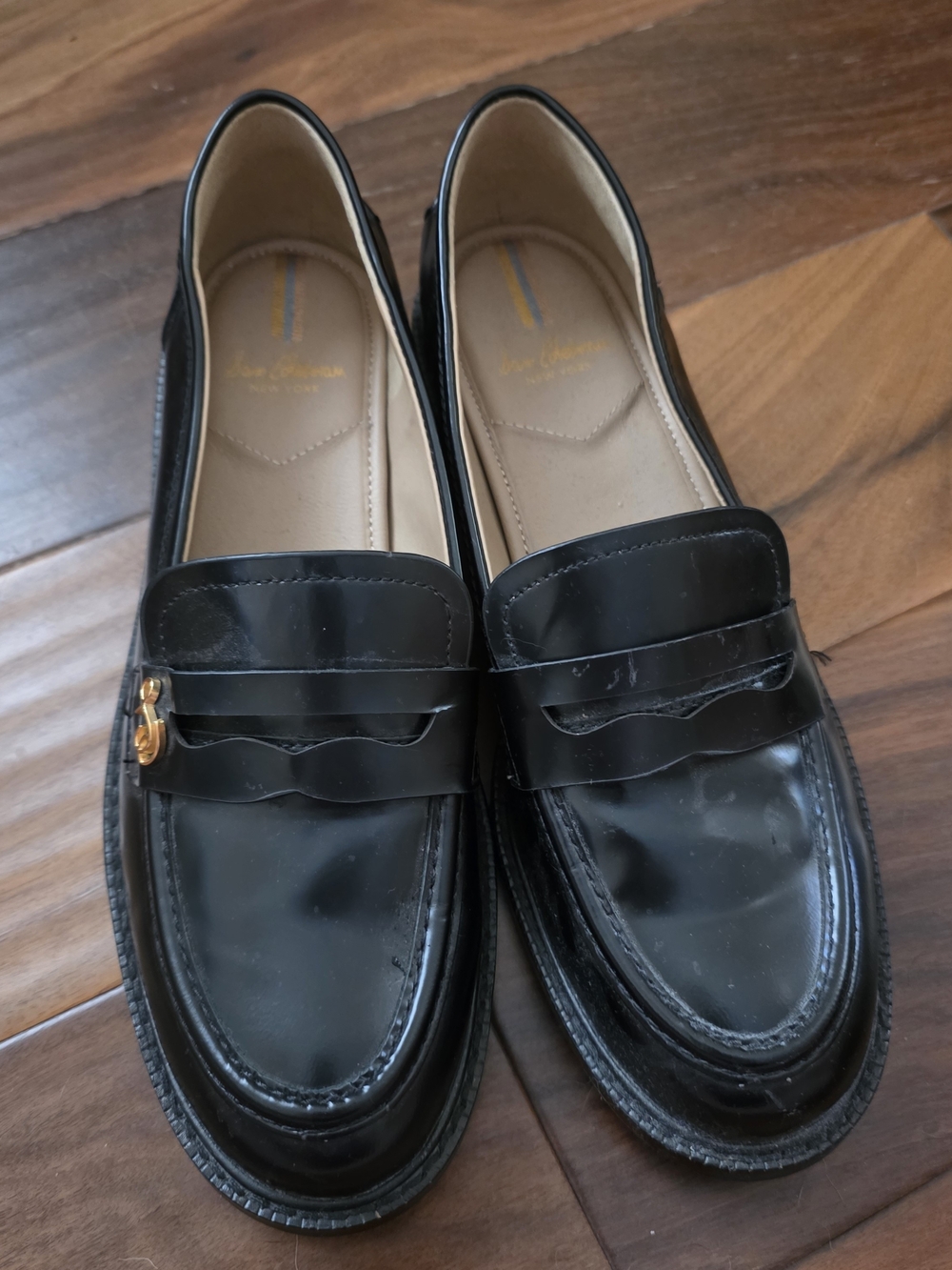 Sam Edelman Black Patent Loafers with Gold Charm